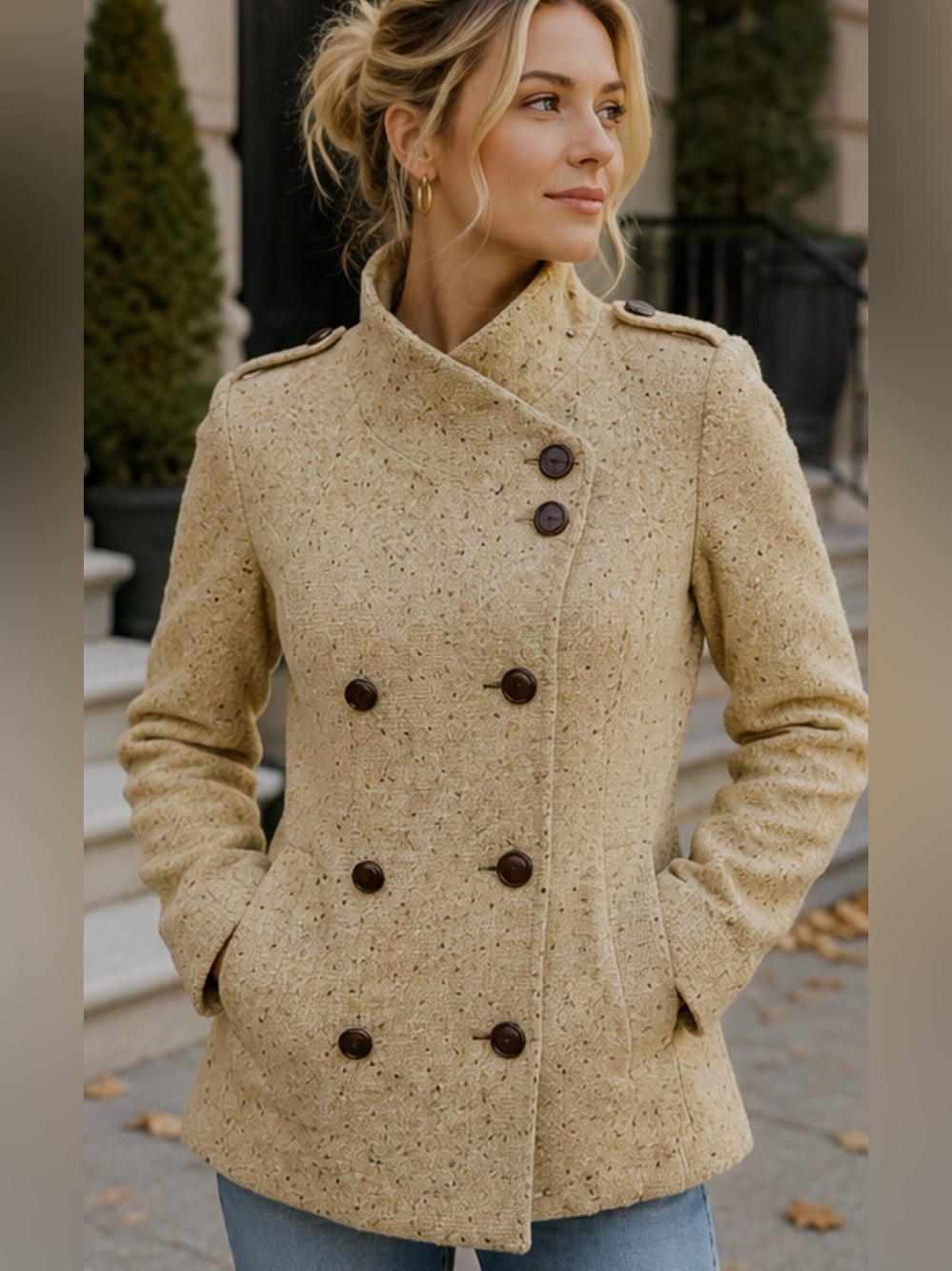 Lauren Moffatt • Wool Blend Tweed Military Peacoat Oatmeal Tan Made USA